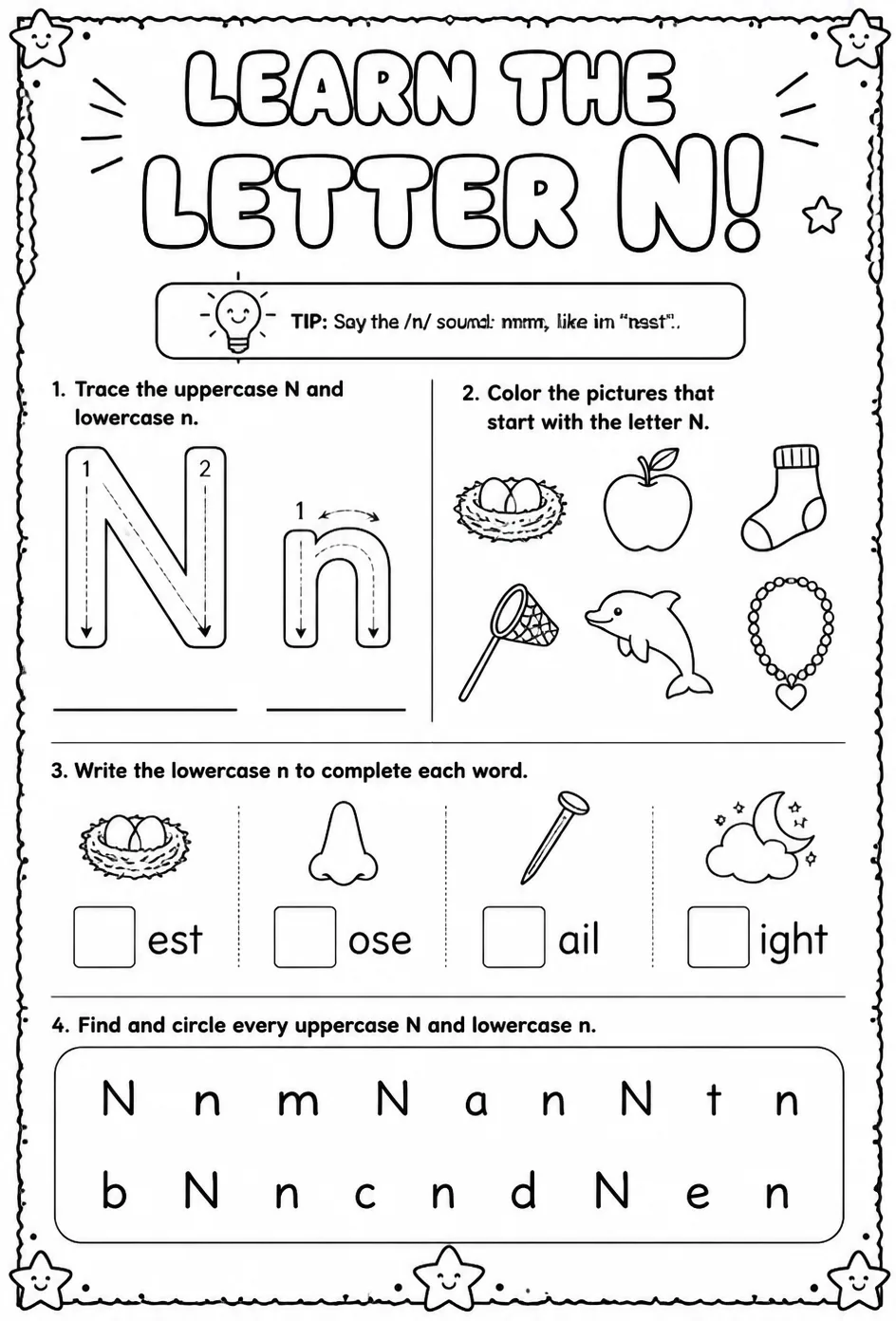 Learn the letter N — free printable Reading foundations English worksheet