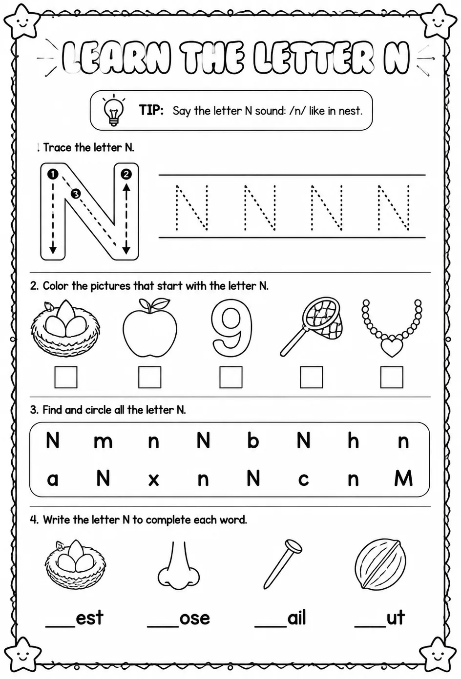 Learn the letter N — free printable Pre-K English & Reading worksheet