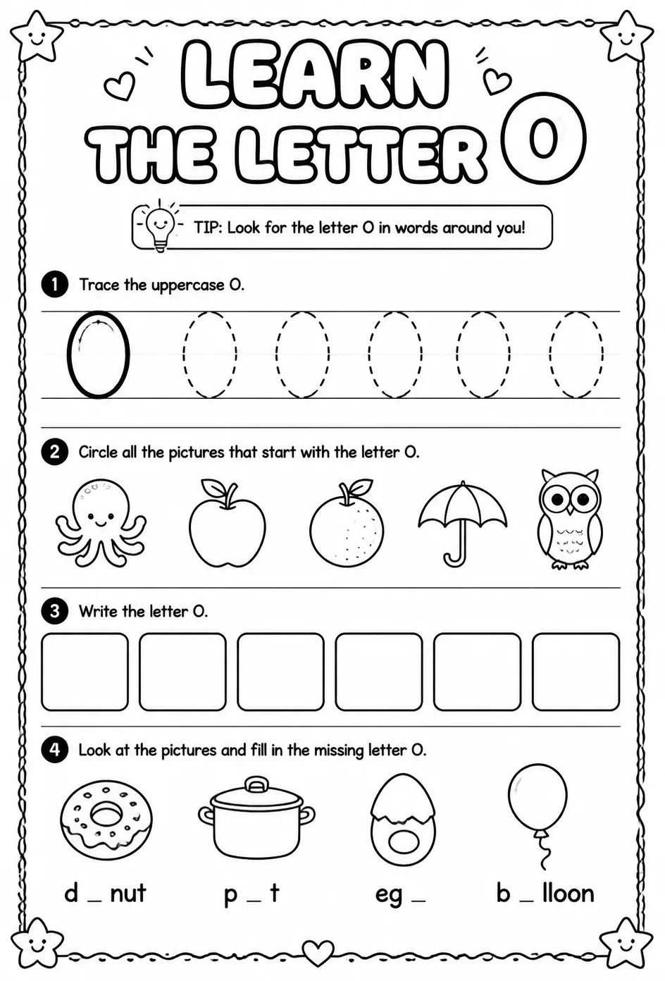 Learn the letter O — free printable Reading foundations English worksheet