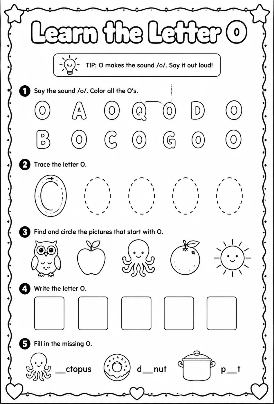 Learn the letter O — free printable Pre-K English & Reading worksheet