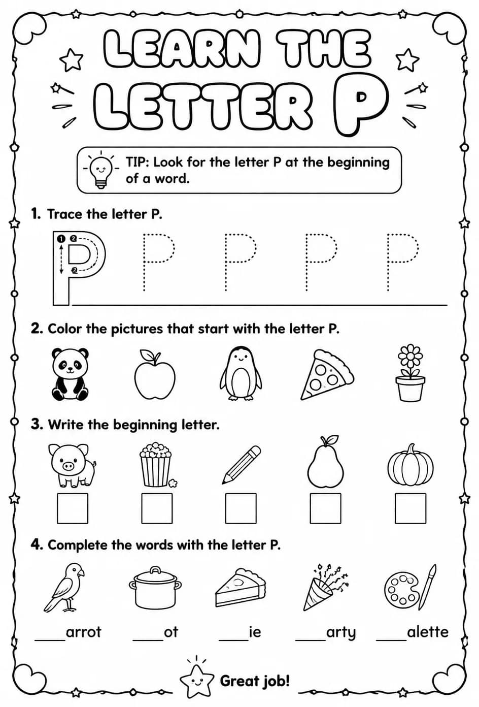 Learn the letter P — free printable Reading foundations English worksheet