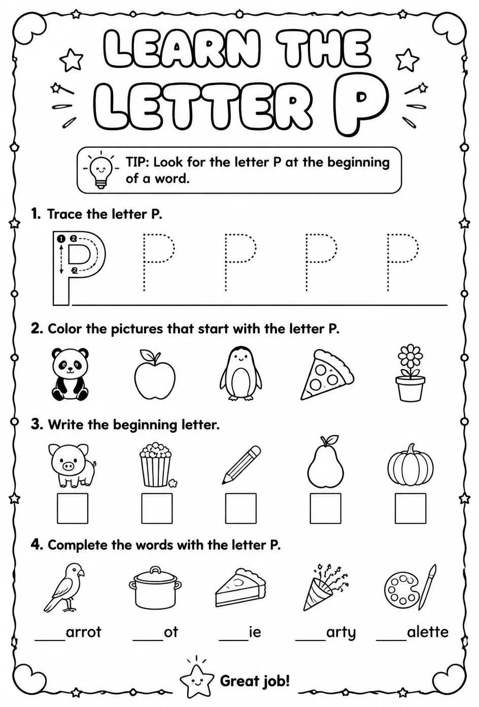 Learn the letter P — free printable Reading foundations English worksheet