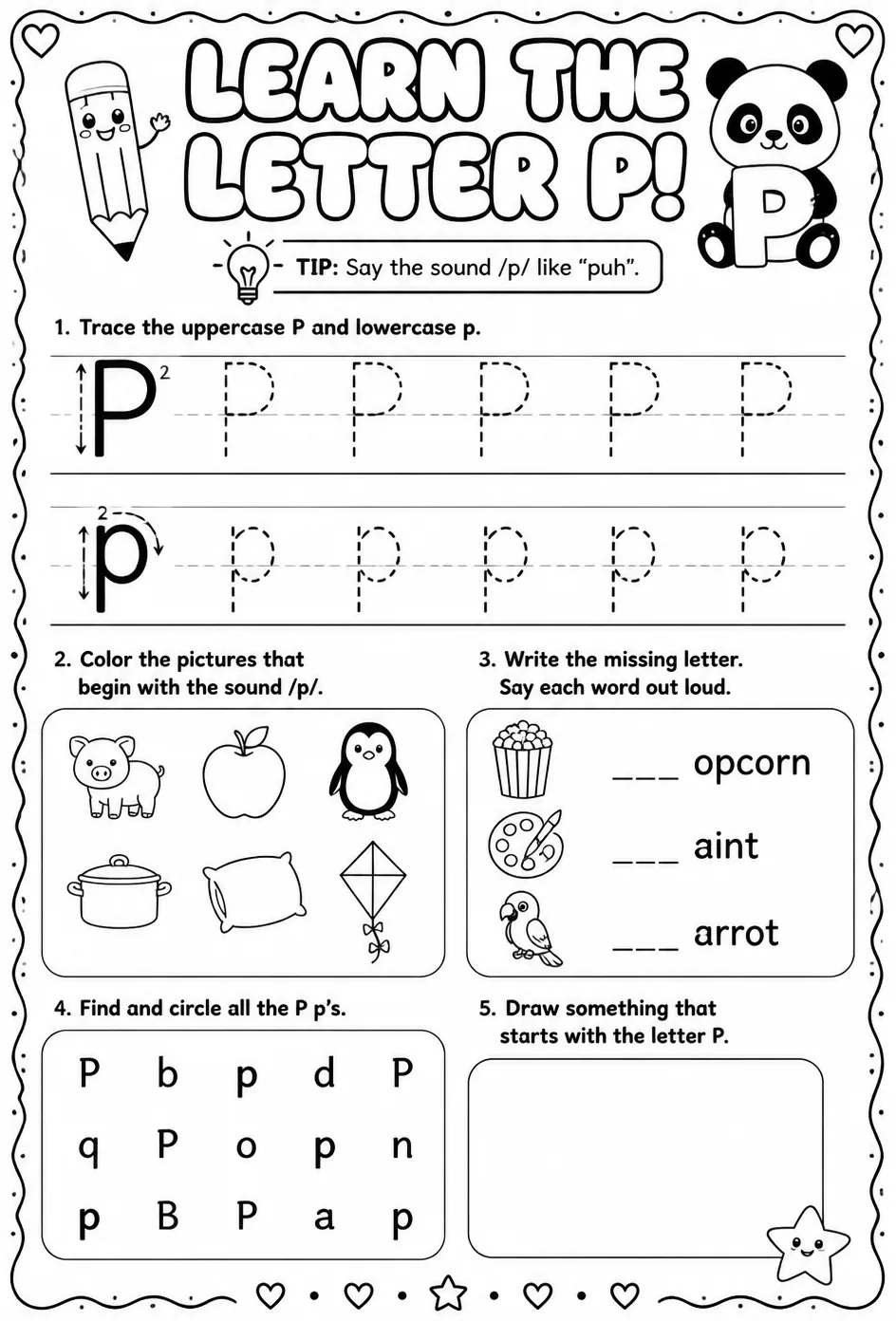 Learn the letter P — free printable Pre-K English & Reading worksheet