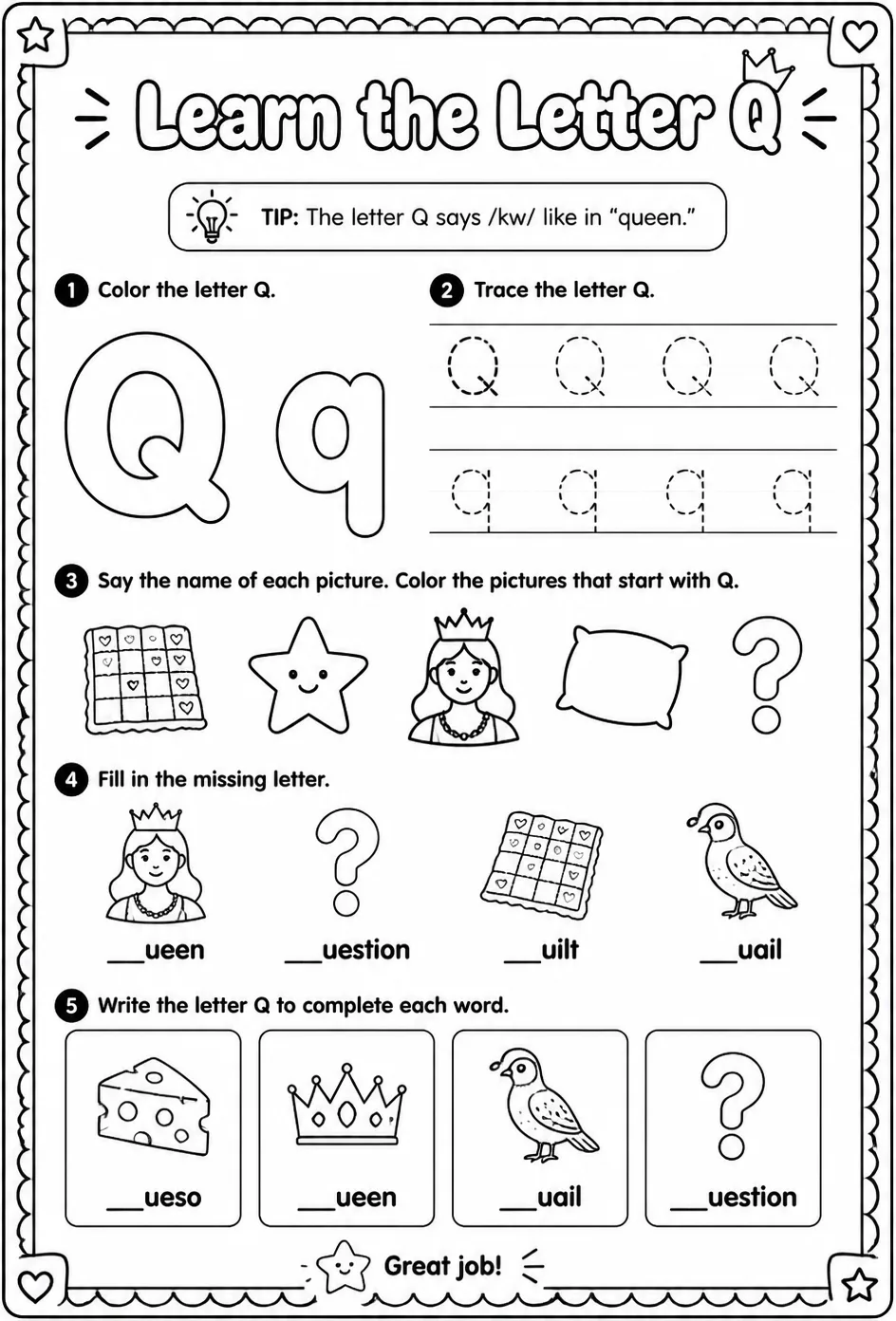 Learn the letter Q — free printable Reading foundations English worksheet