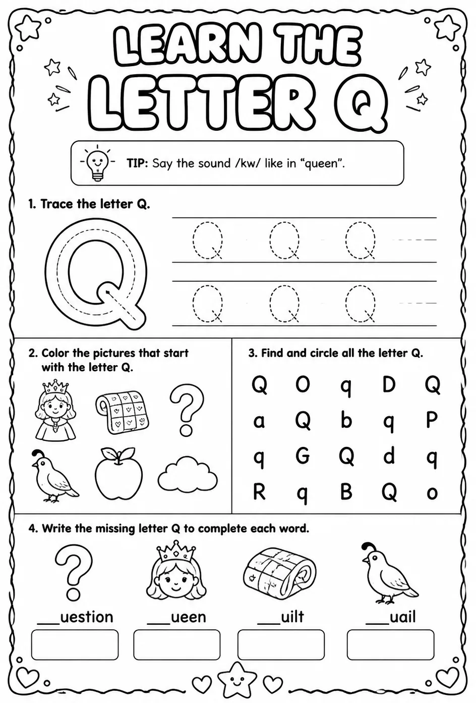 Learn the letter Q — free printable Pre-K English & Reading worksheet