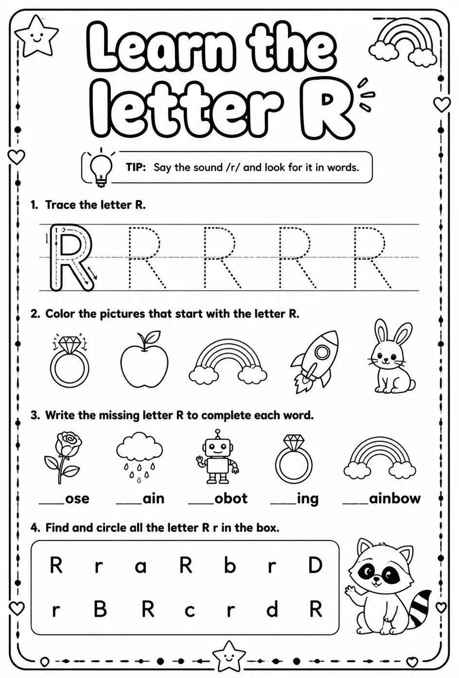 Learn the letter R — free printable Reading foundations English worksheet