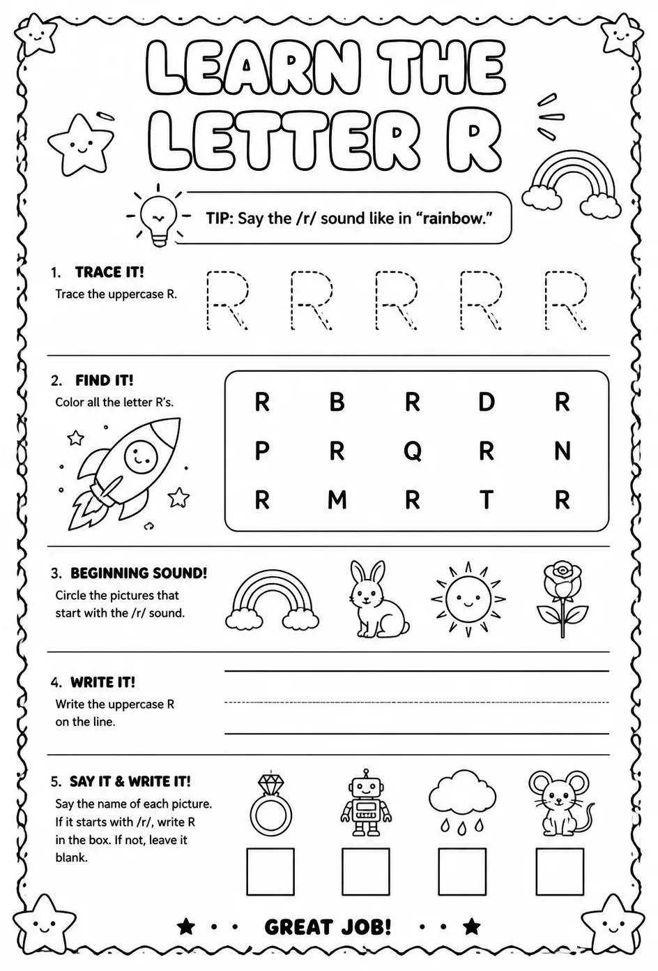 Learn the letter R — free printable Pre-K English & Reading worksheet