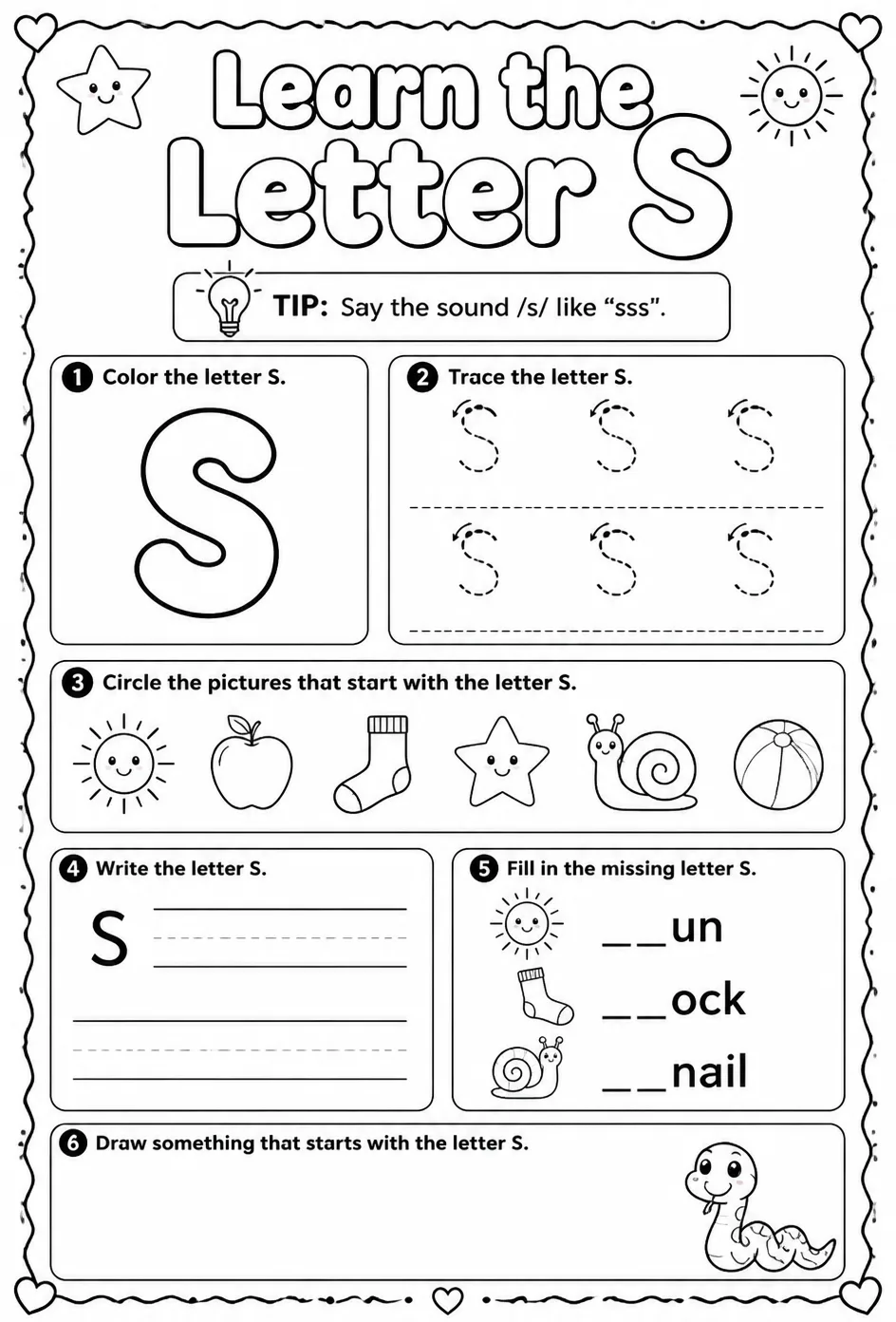 Learn the letter S — free printable Reading foundations English worksheet