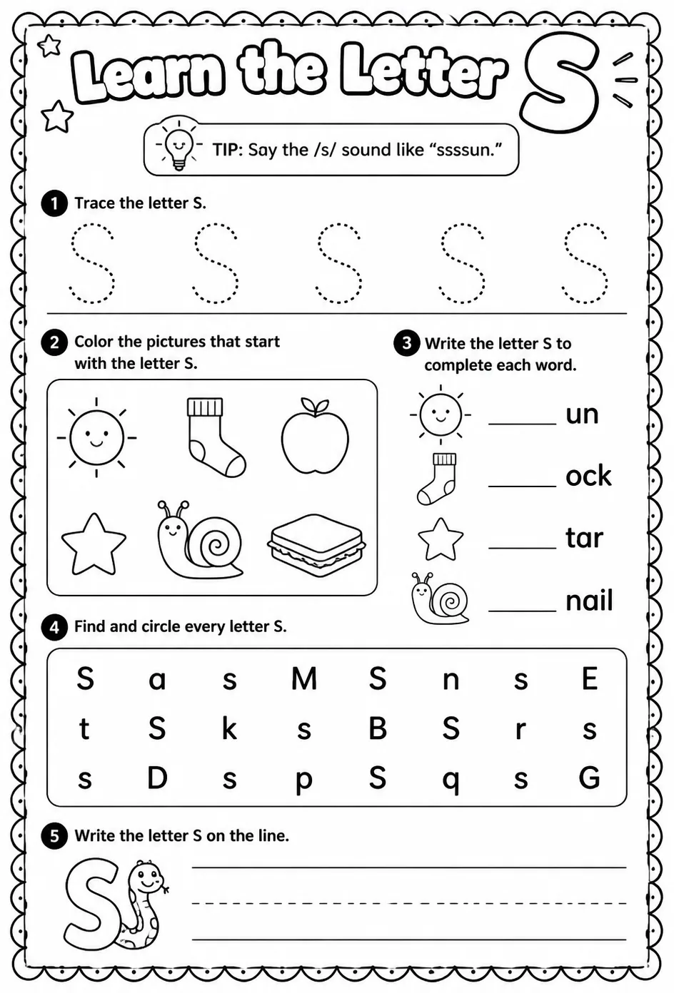 Learn the letter S — free printable Pre-K English & Reading worksheet