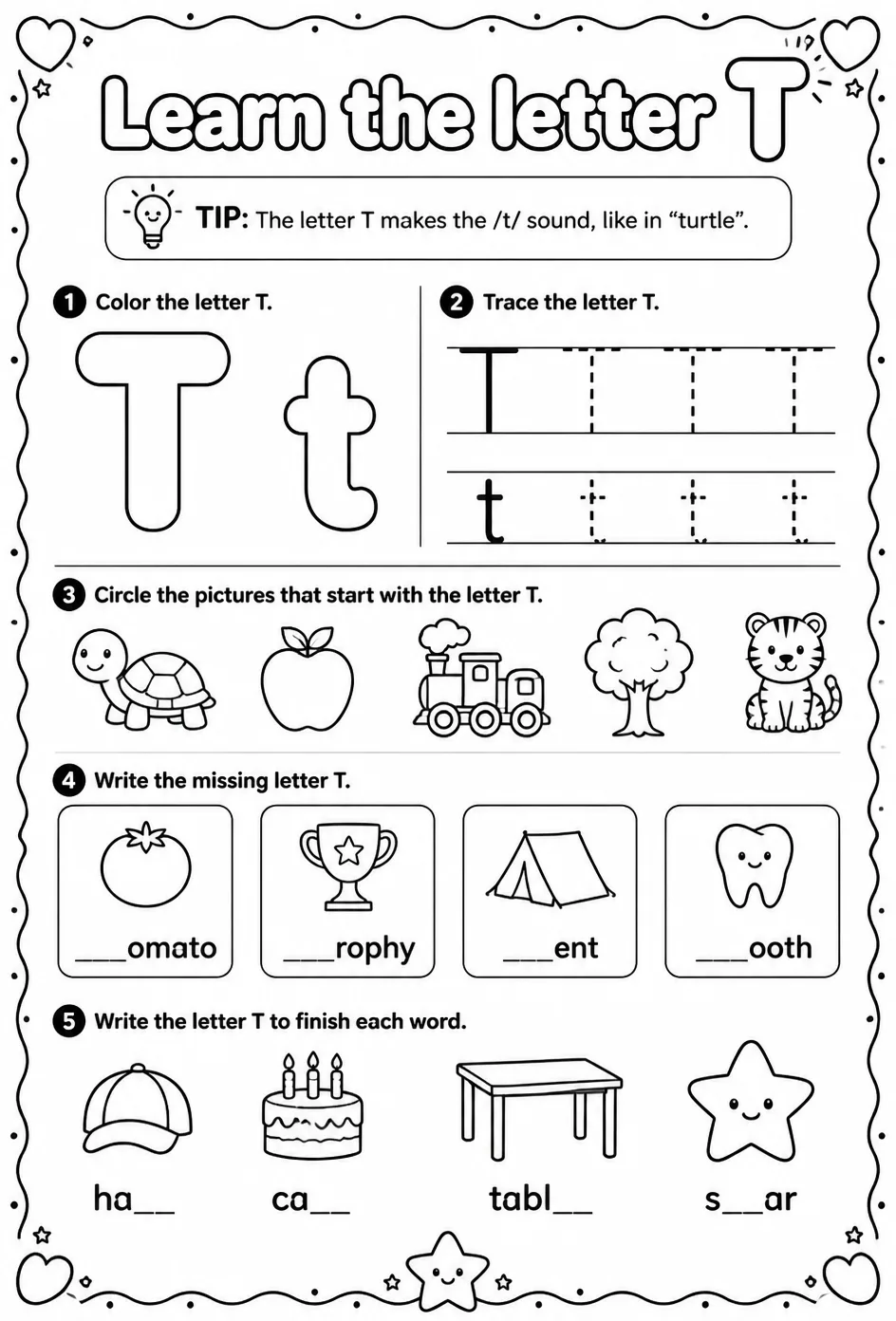Learn the letter T — free printable Reading foundations English worksheet