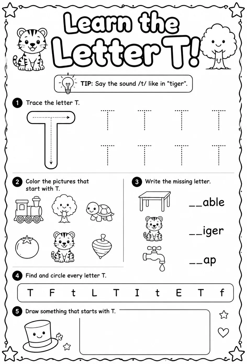 Learn the letter T — free printable Pre-K English & Reading worksheet