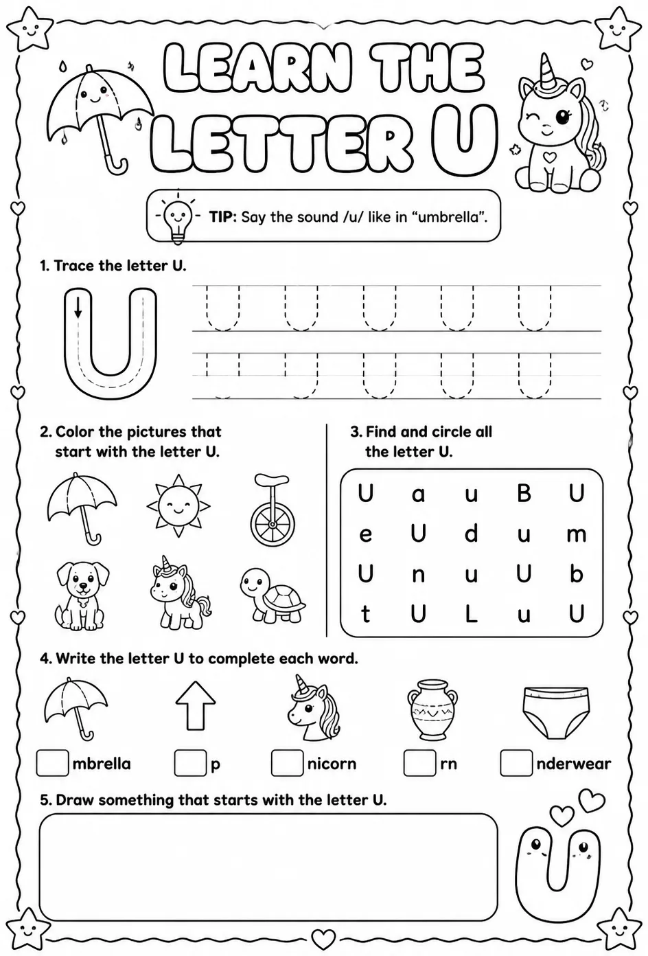 Learn the letter U — free printable Reading foundations English worksheet