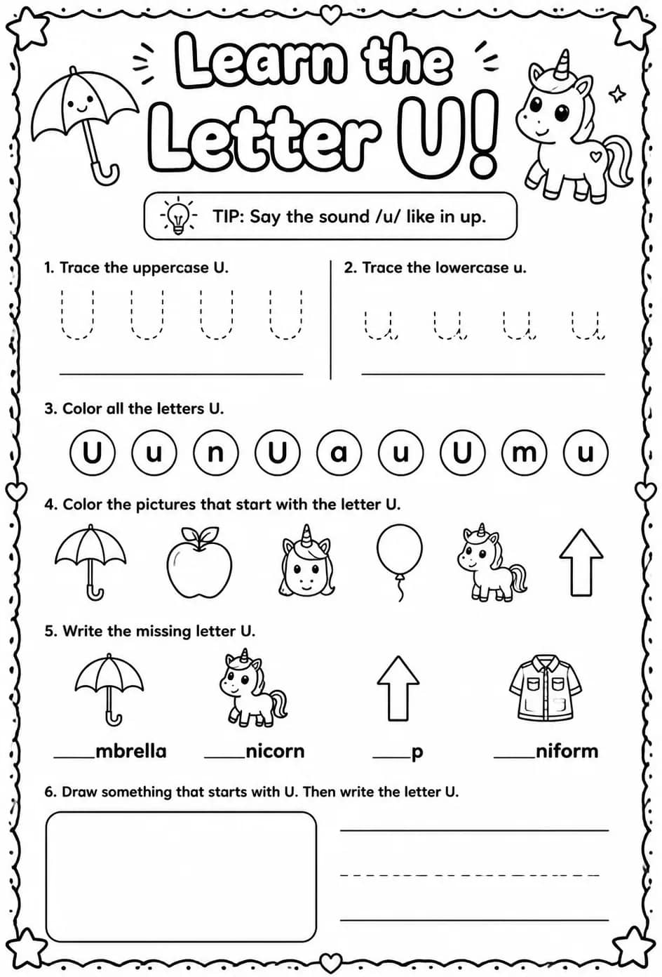 Learn the letter U — free printable Pre-K English & Reading worksheet