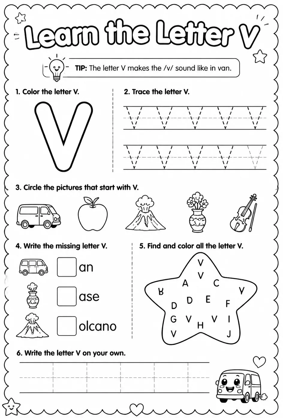 Learn the letter V — free printable Reading foundations English worksheet