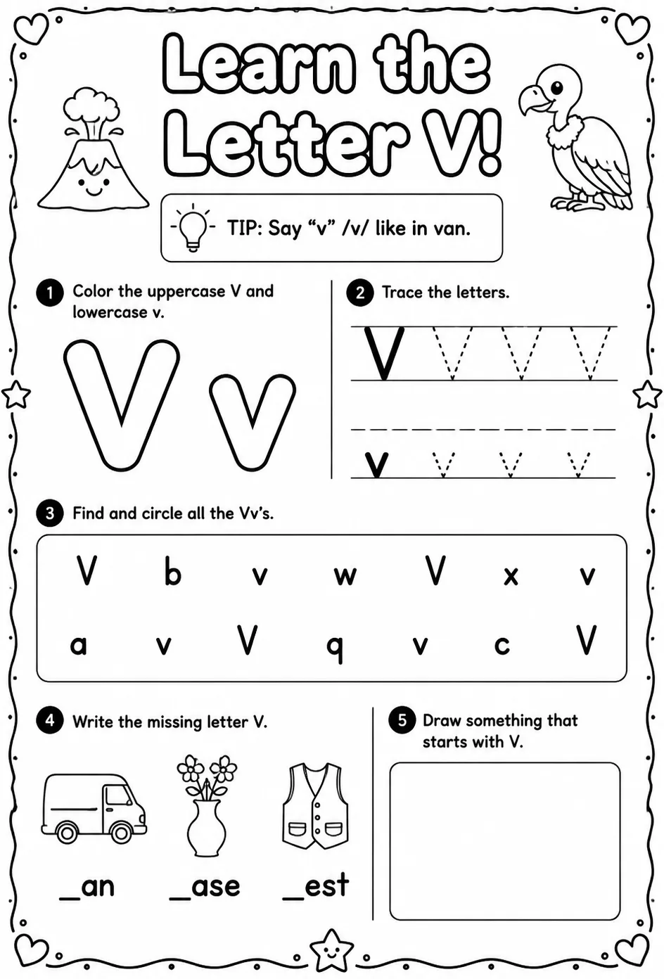 Learn the letter V — free printable Pre-K English & Reading worksheet