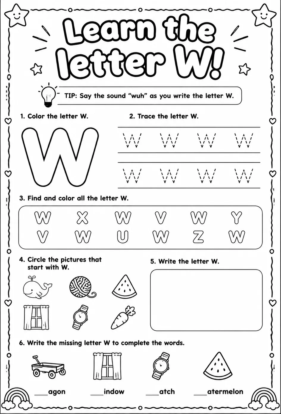 Learn the letter W — free printable Reading foundations English worksheet