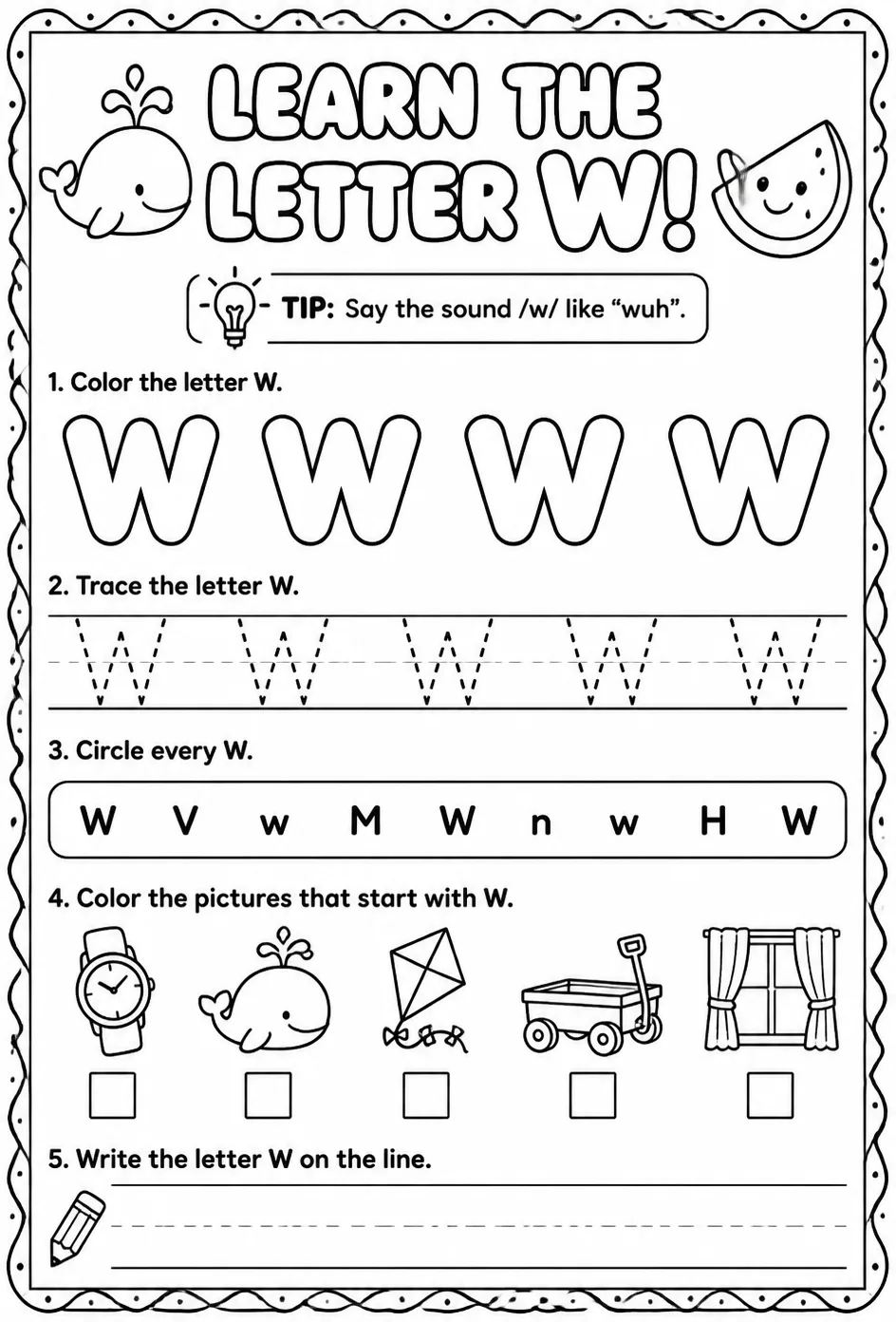 Learn the letter W — free printable Pre-K English & Reading worksheet