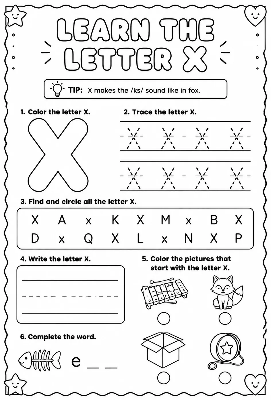 Learn the letter X — free printable Reading foundations English worksheet