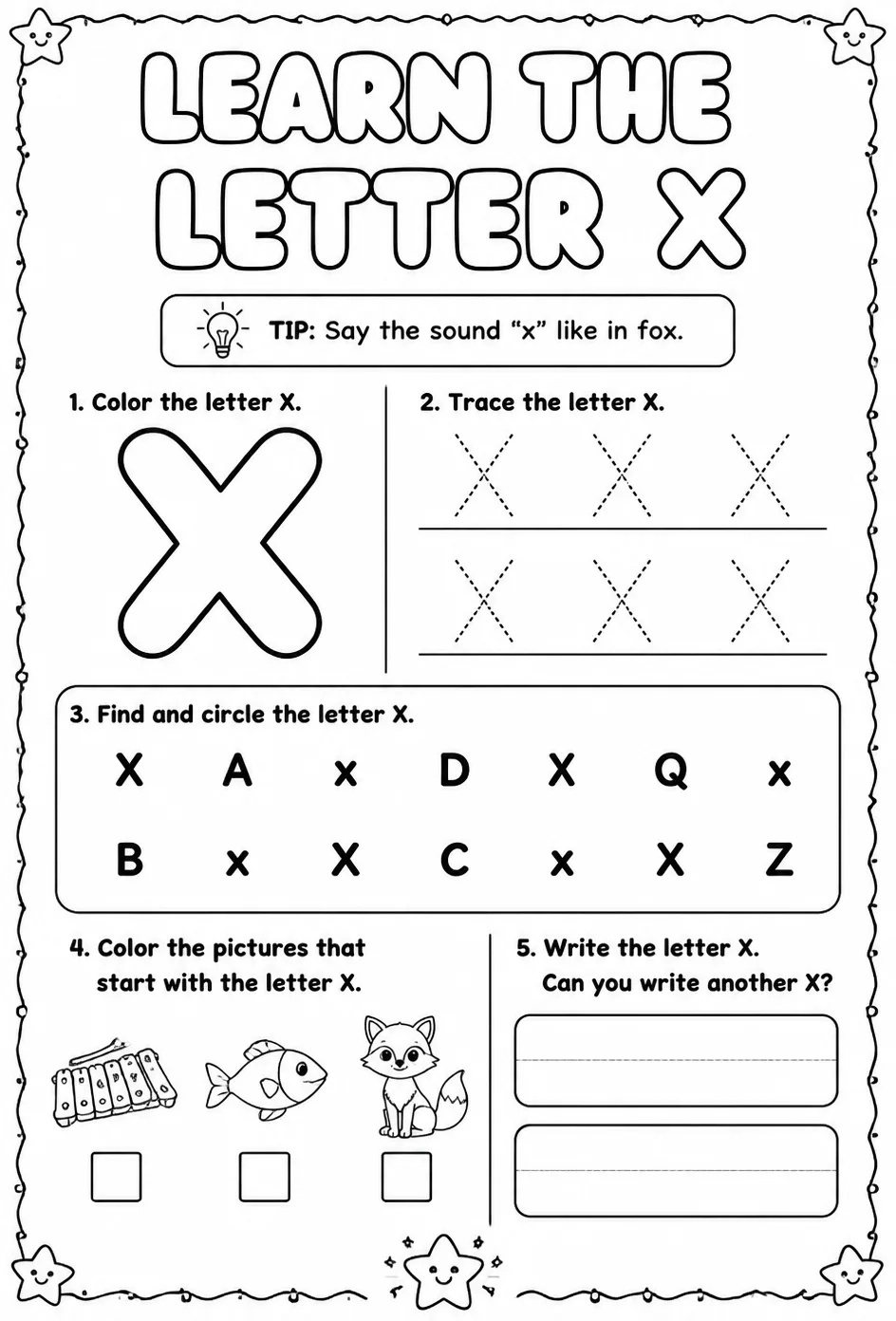 Learn the letter X — free printable Pre-K English & Reading worksheet