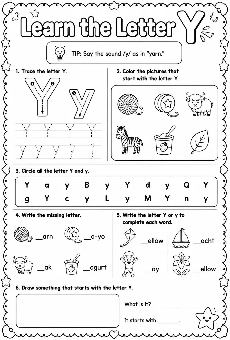 Learn the letter Y — free printable Reading foundations English worksheet