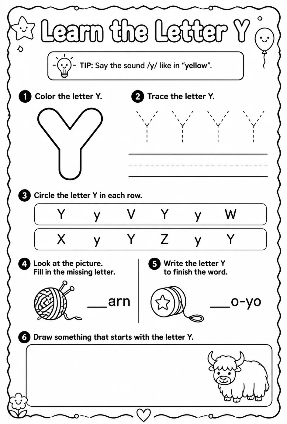 Learn the letter Y — free printable Pre-K English & Reading worksheet