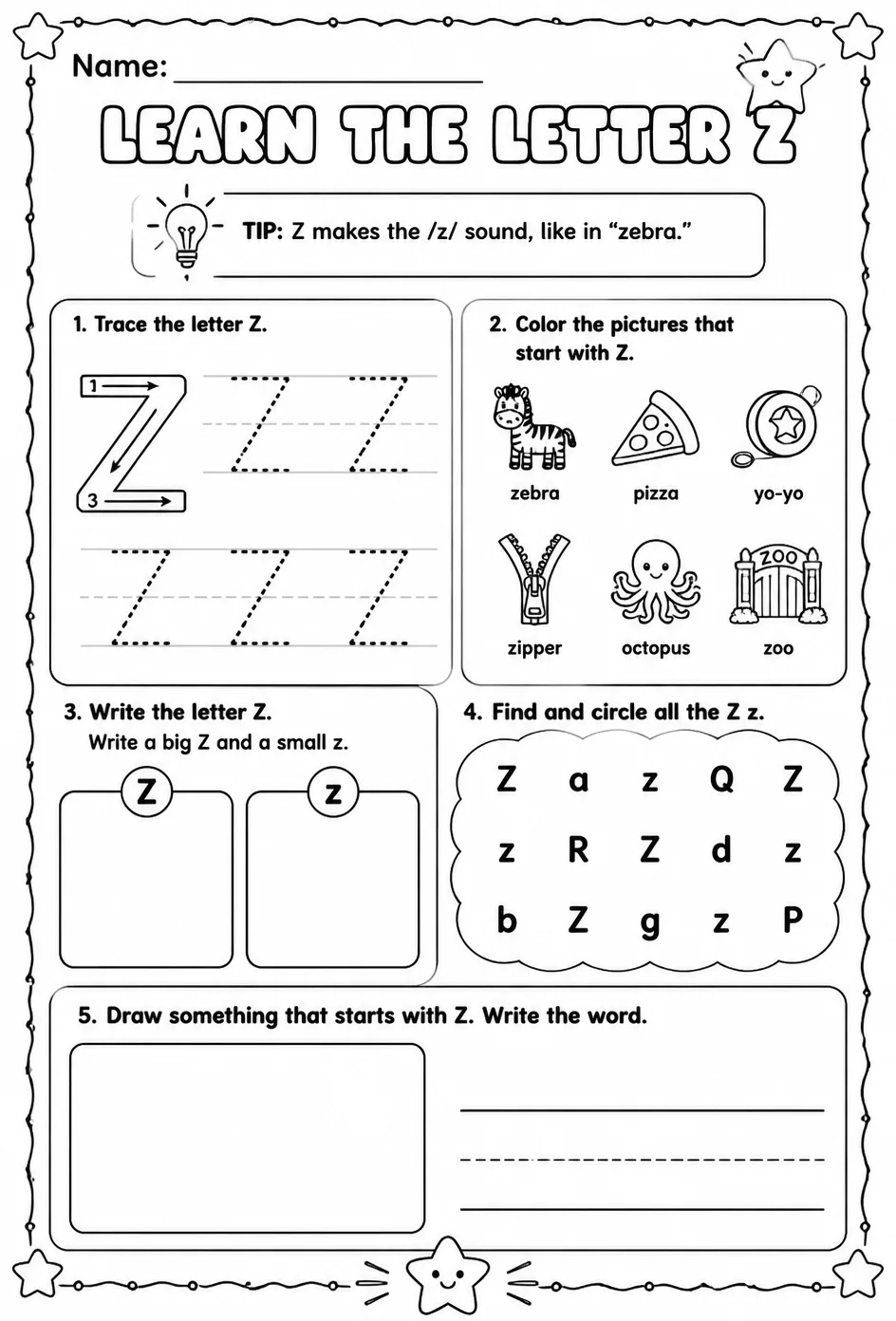 Learn the letter Z — free printable Reading foundations English worksheet