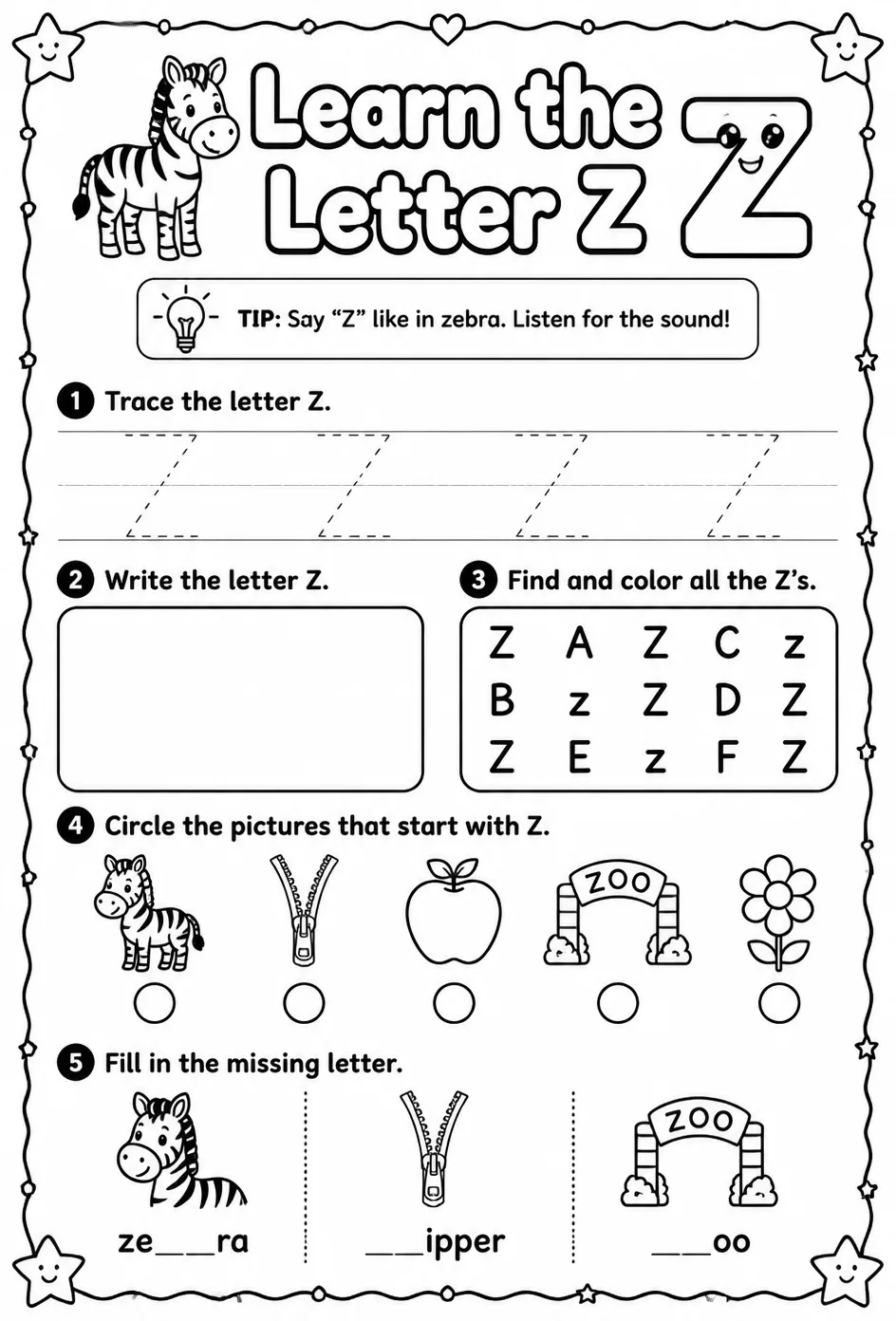 Learn the letter Z — free printable Pre-K English & Reading worksheet