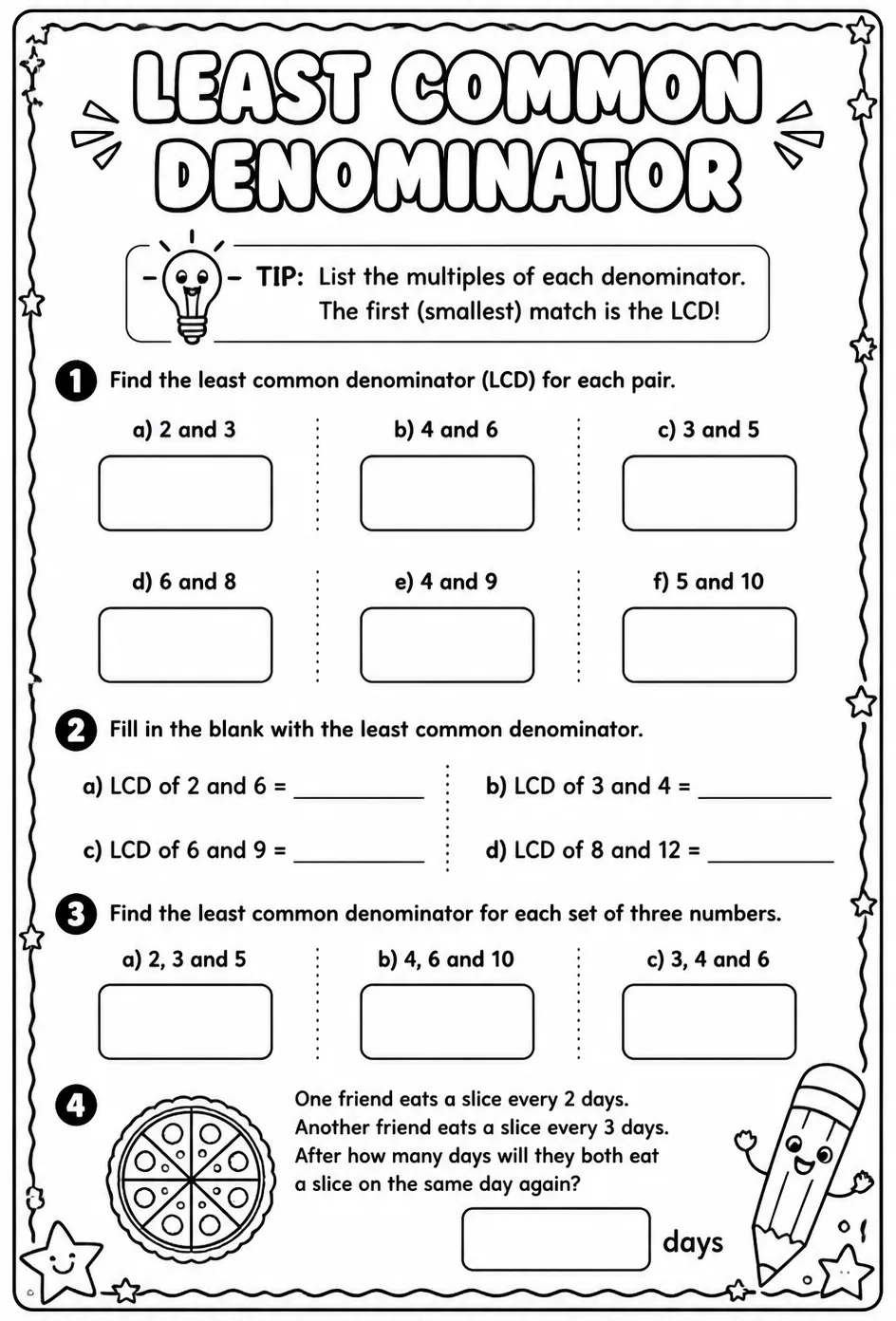 Least common denominator — free printable Grade 5 math worksheet