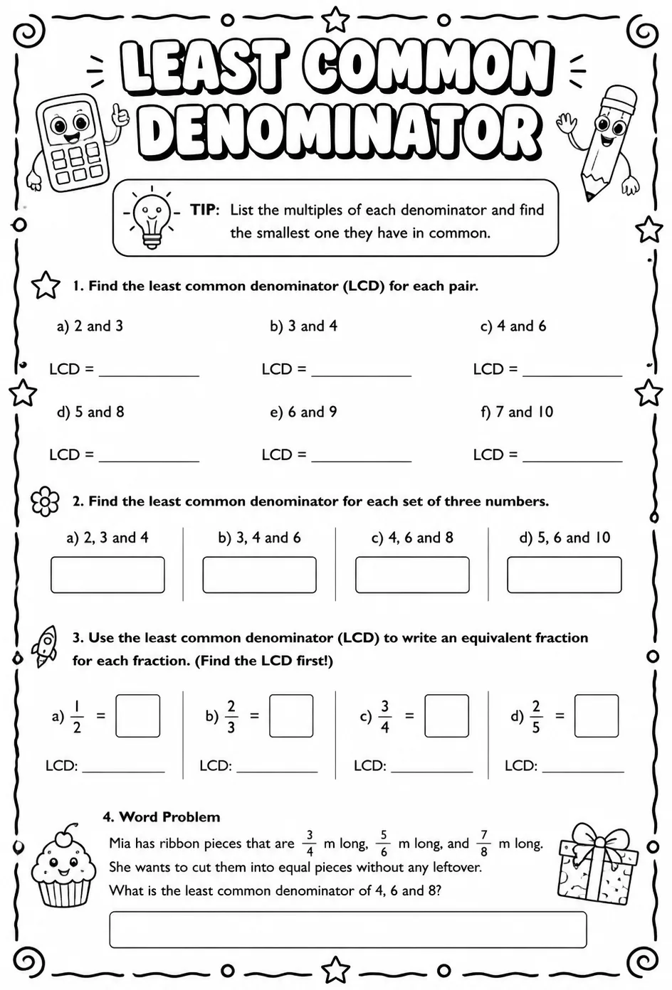 Least common denominator — free printable Grade 6 math worksheet