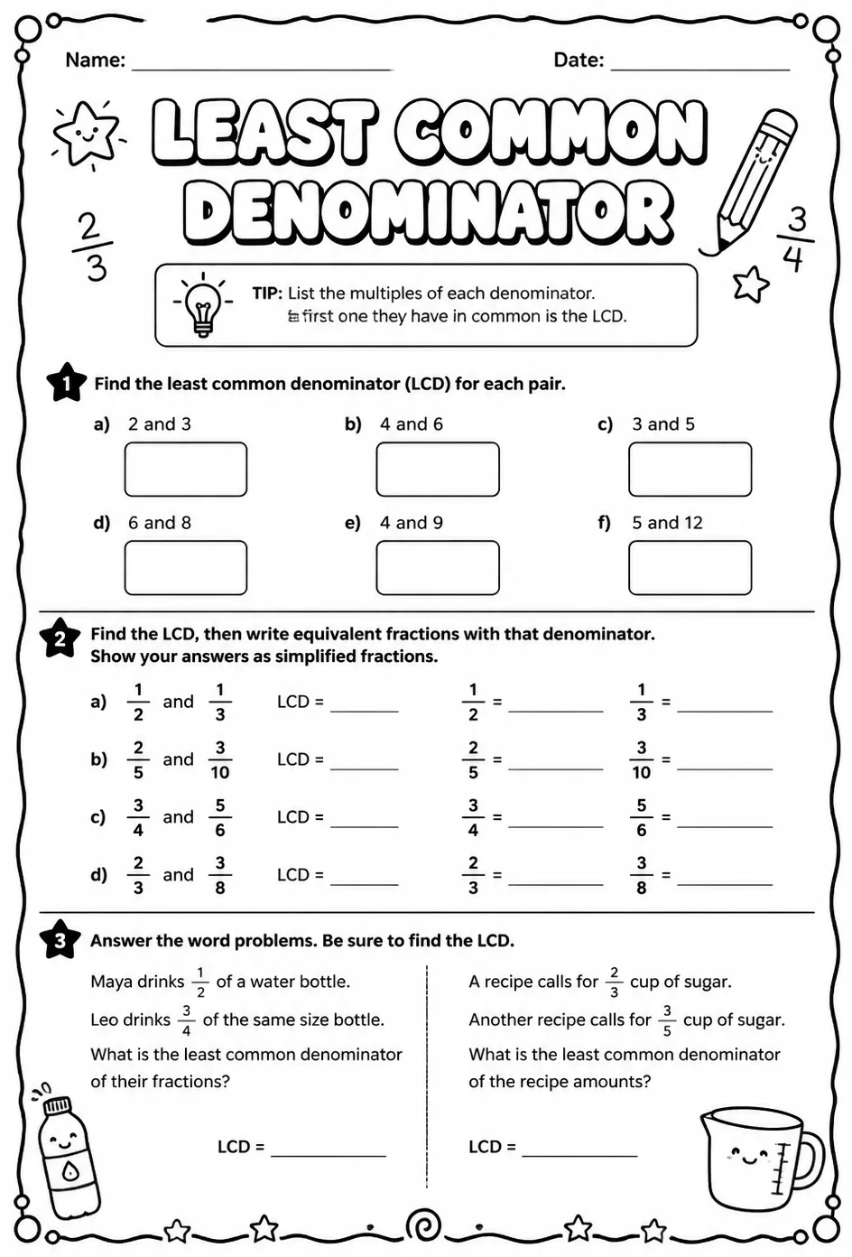 Least common denominator — free printable Grade 7 math worksheet