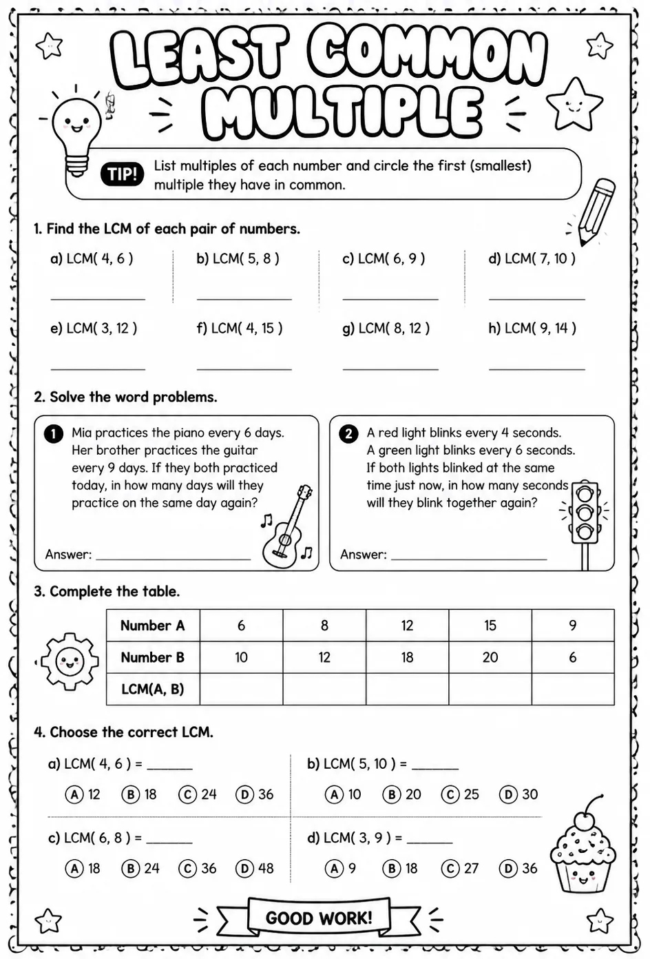 Least common multiple — free printable Grade 5 math worksheet