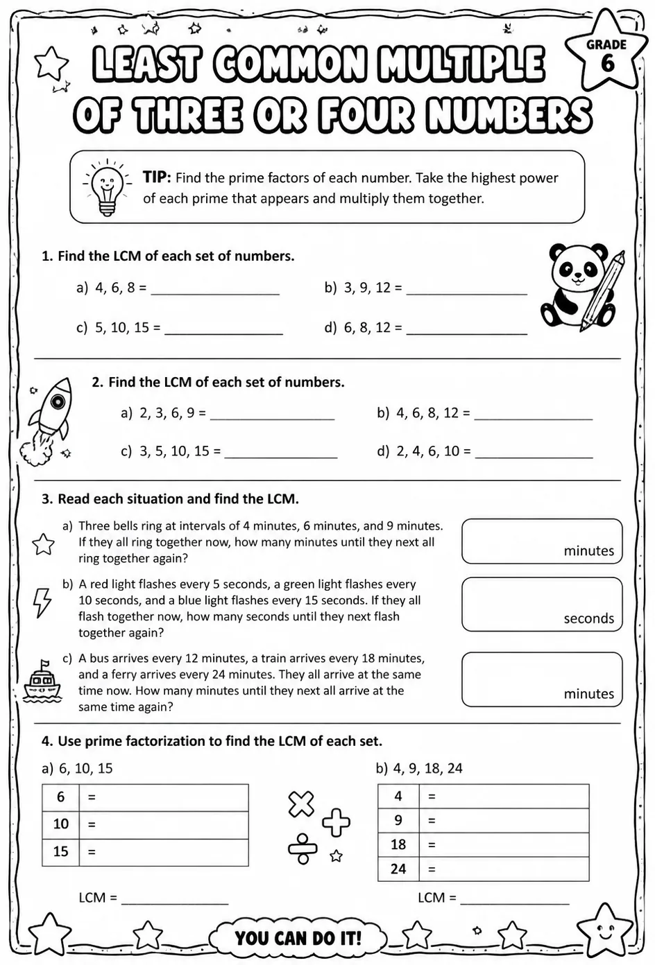 Least common multiple of three or four numbers — free printable Grade 6 math worksheet