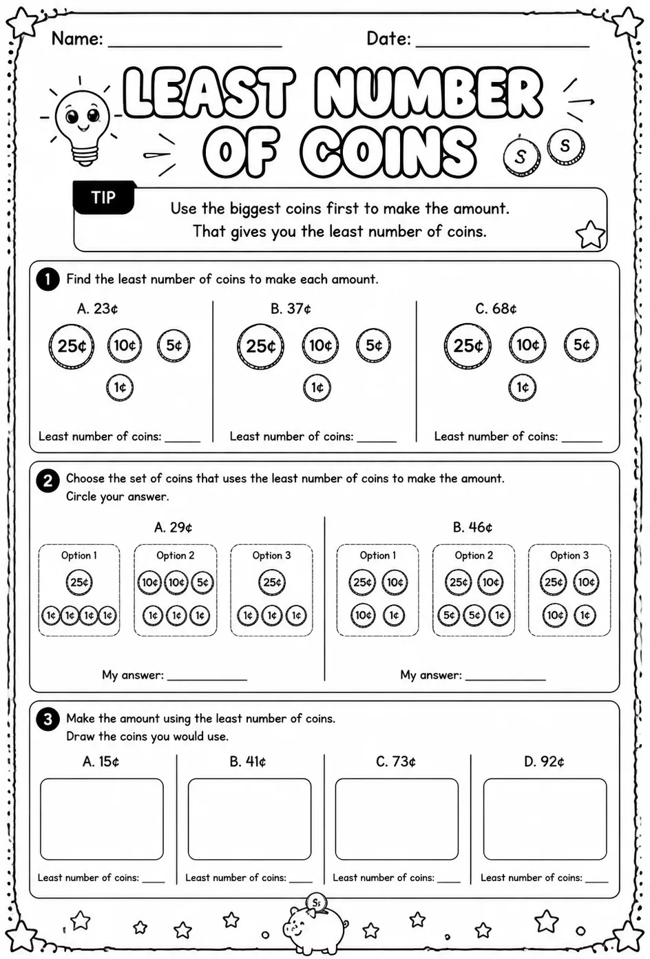 Least number of coins — free printable Grade 2 math worksheet