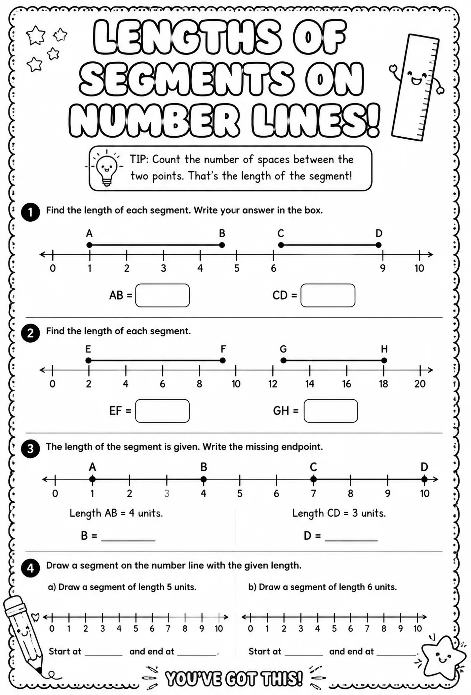 Lengths of segments on number lines — free printable Geometry math worksheet