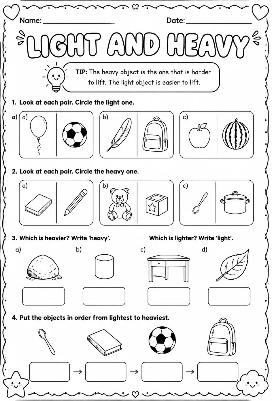 Light and heavy — free printable Grade 1 math worksheet