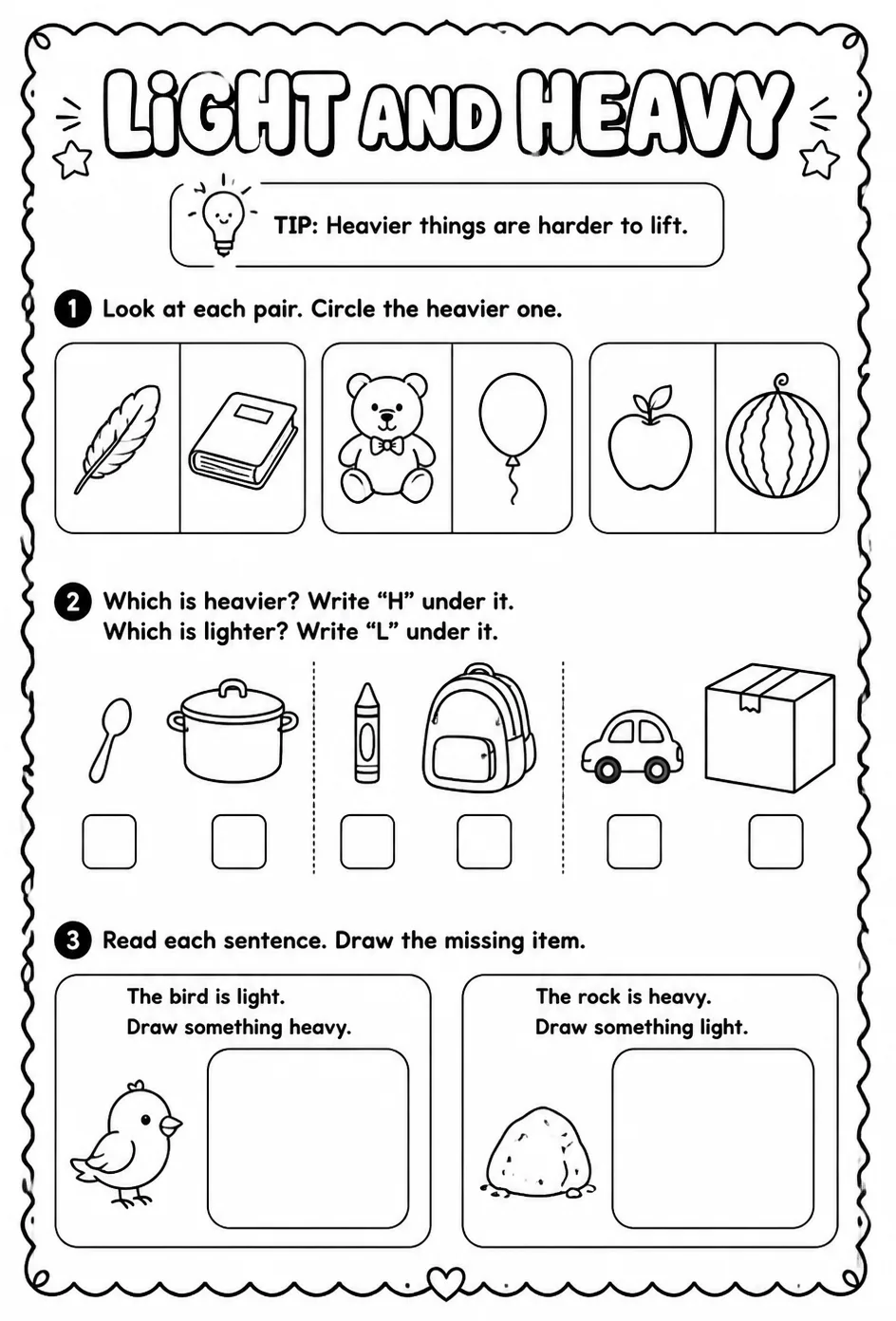 Light and heavy — free printable Pre-K math worksheet