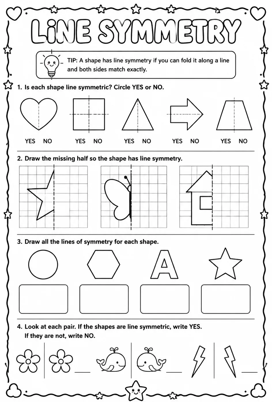 Line symmetry — free printable Geometry math worksheet