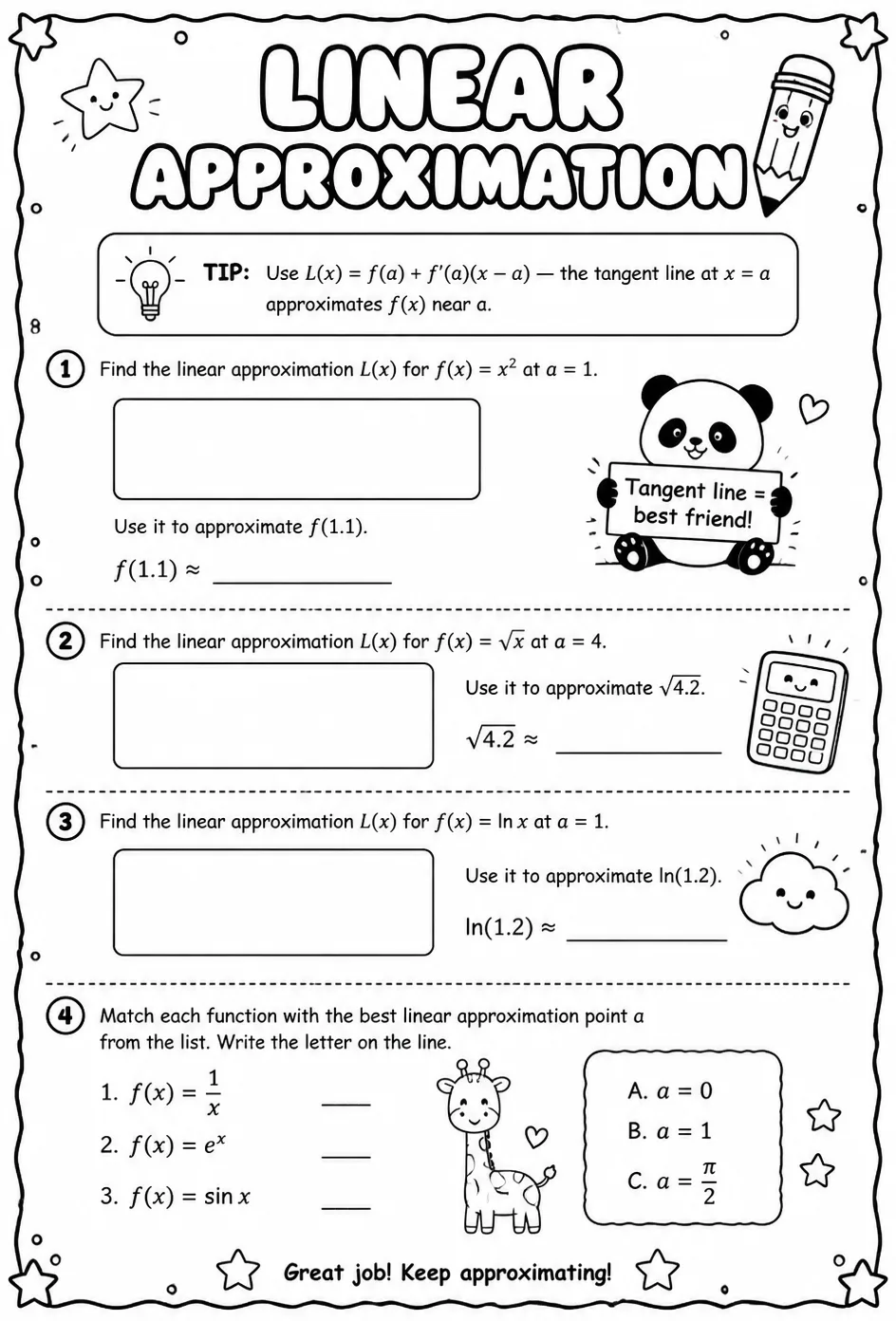 Linear approximation — free printable Calculus math worksheet
