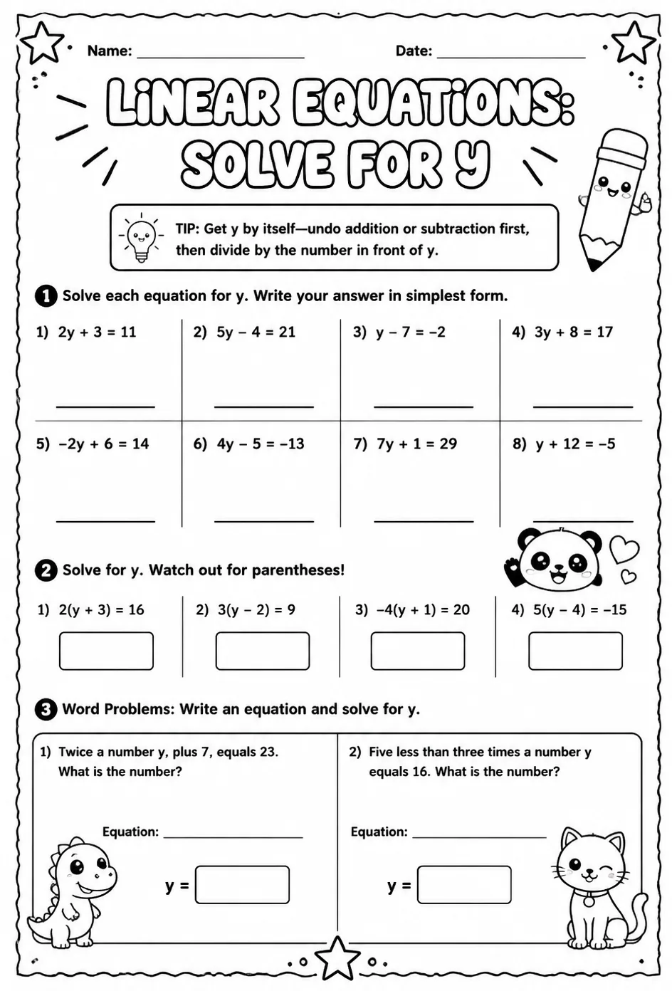 Linear equations: solve for y — free printable Algebra 1 math worksheet