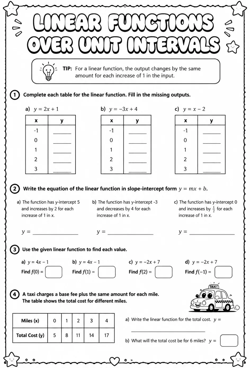 Linear functions over unit intervals — free printable Algebra 1 math worksheet