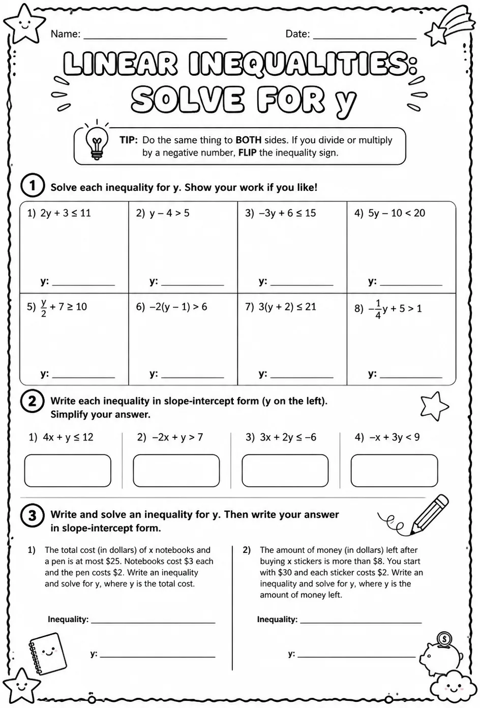 Linear inequalities: solve for y — free printable Algebra 1 math worksheet