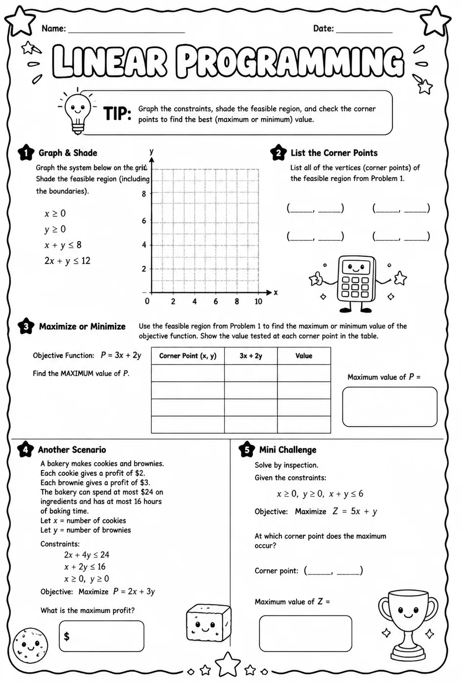 Linear programming — free printable Algebra 2 math worksheet