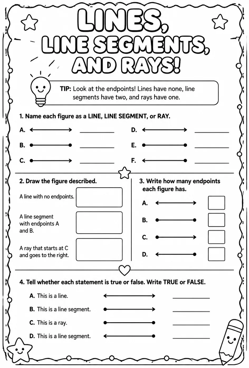Lines, line segments, and rays — free printable Geometry math worksheet