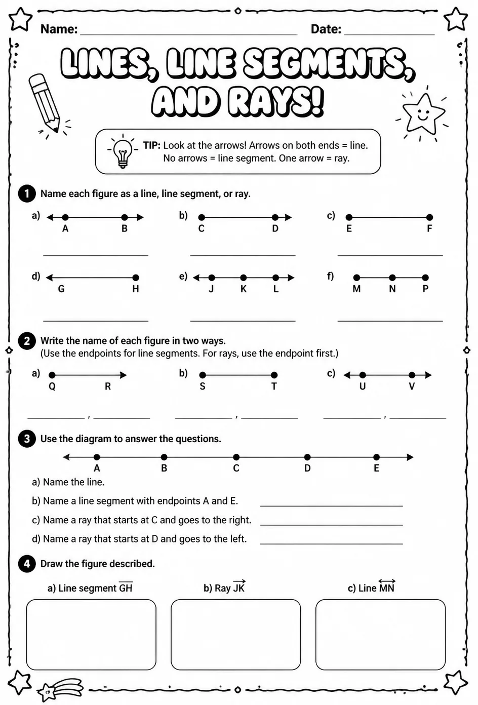Lines, line segments, and rays — free printable Grade 6 math worksheet