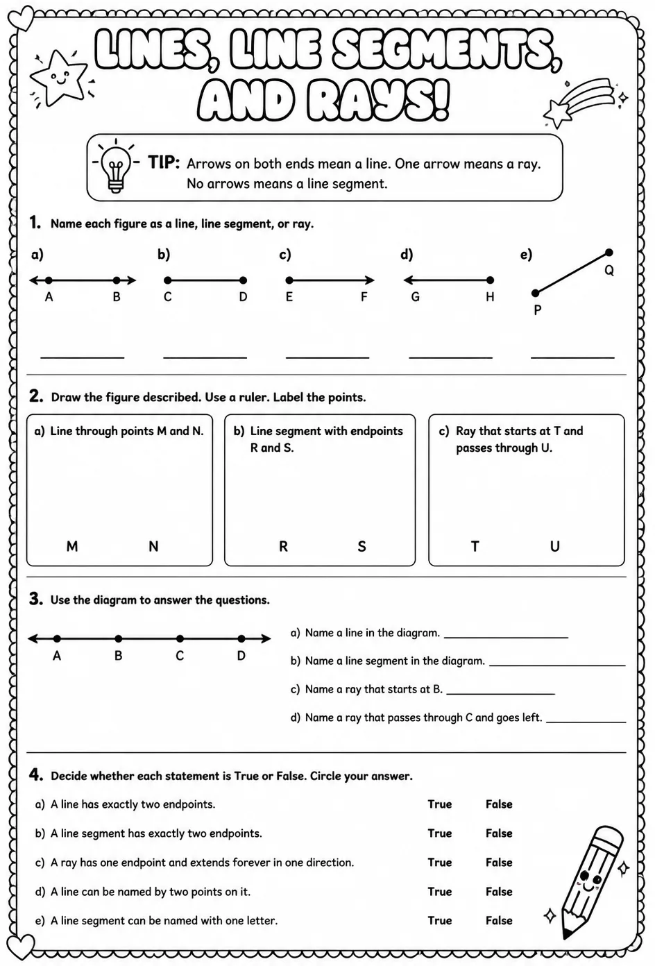 Lines, line segments, and rays — free printable Grade 7 math worksheet