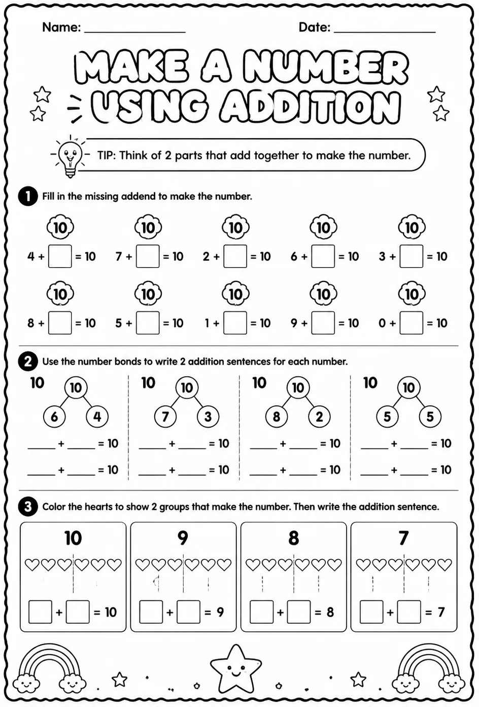 Make a number using addition - sums up to 10 — free printable Grade 1 math worksheet