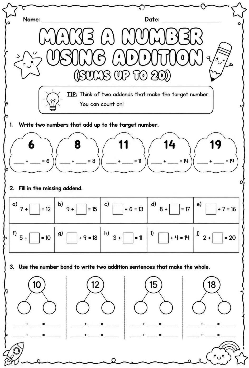 Make a number using addition - sums up to 20 — free printable Grade 1 math worksheet