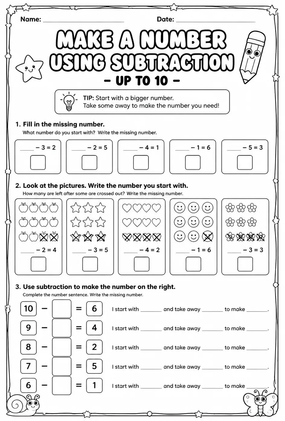Make a number using subtraction - up to 10 — free printable Grade 1 math worksheet