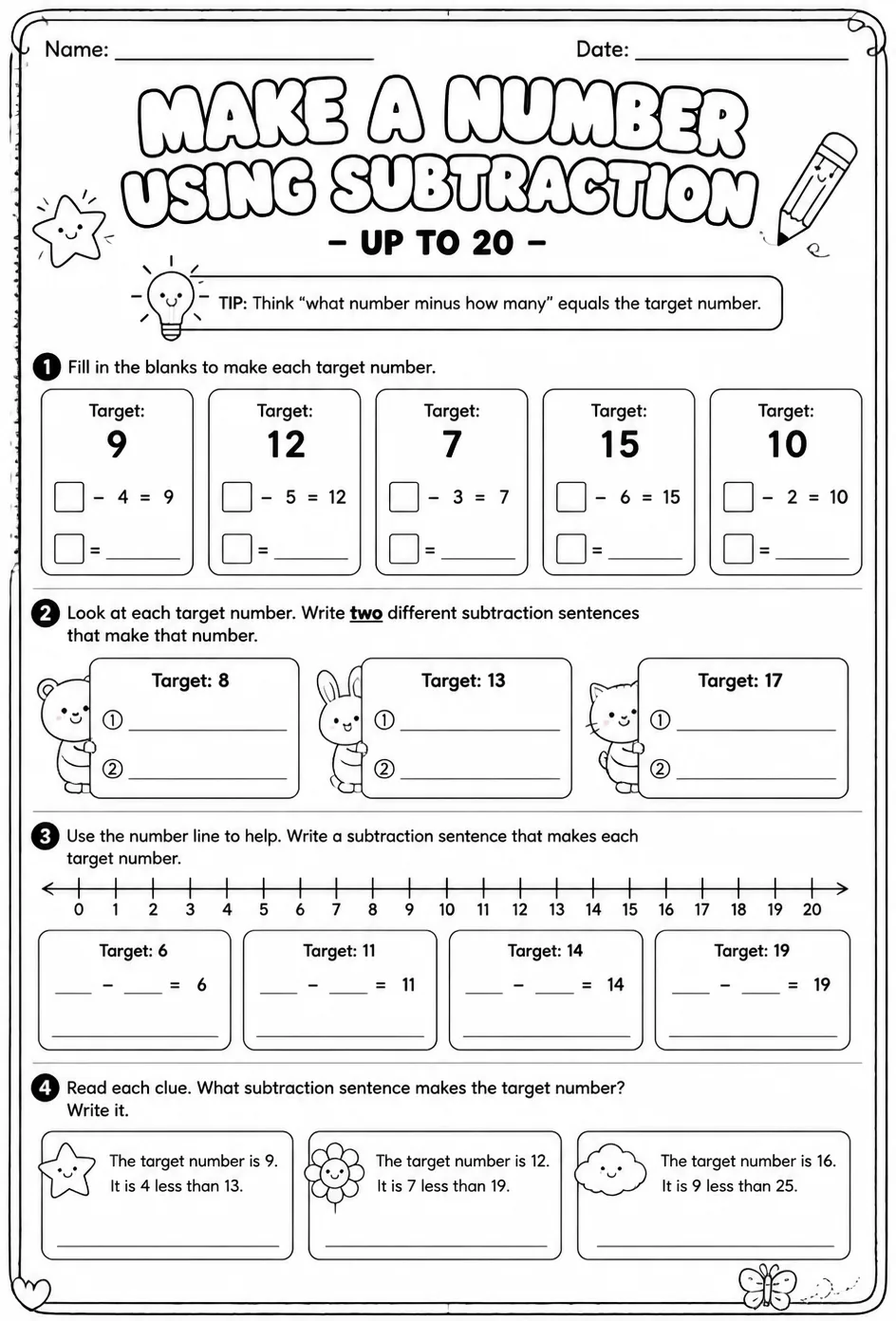 Make a number using subtraction - up to 20 — free printable Grade 1 math worksheet