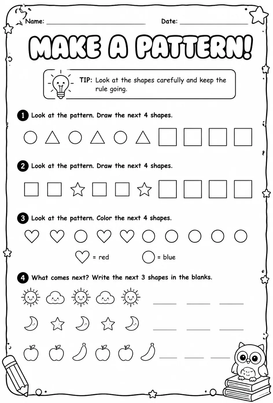 Make a pattern — free printable Grade 1 math worksheet